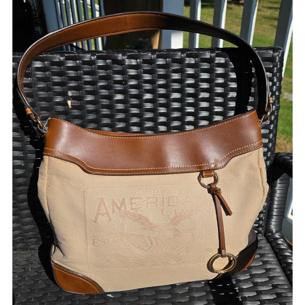 VTG Y2K Coastal Cowgirl Tan Canvas Brown Trim Crest Logo Hobo Shoulder Bag